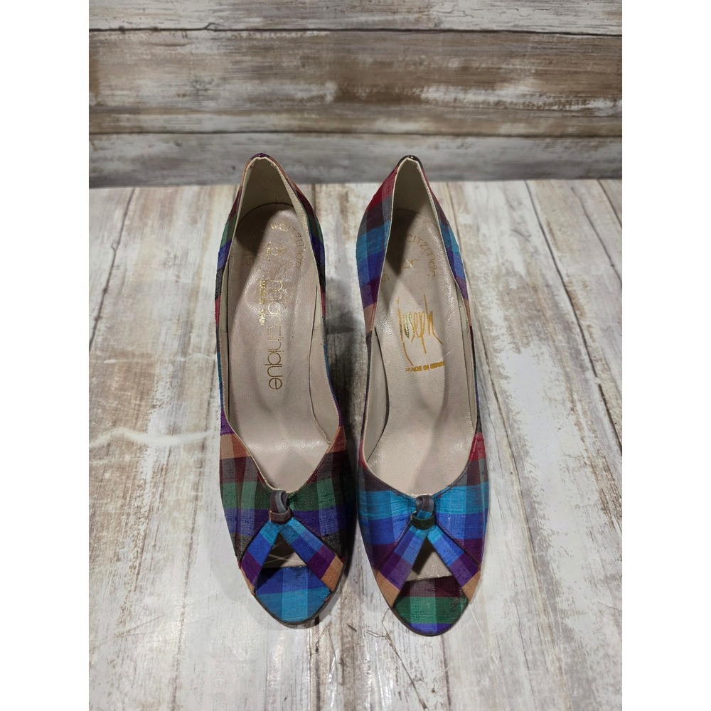 Stuart Weitzman for Martinique Plaid Peep Toe Pumps Multi Color Heels 6.5B